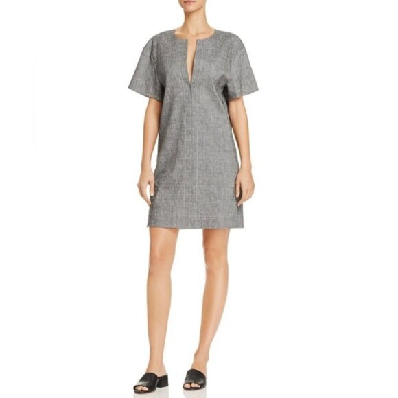 NWT Theory LINEN Blend SLIT FRONT SHIFT Sharkskin Crunch Mini Dress MEDIUM - Picture 3 of 15